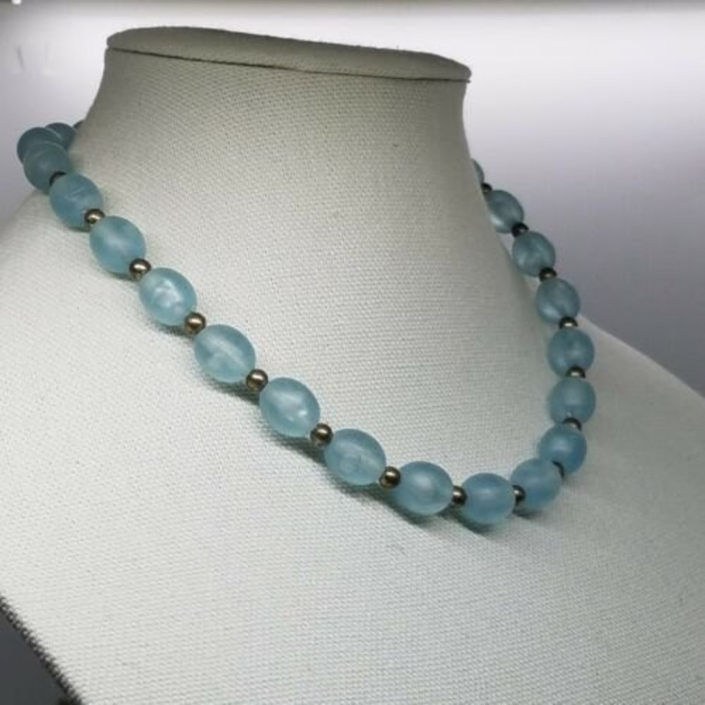 Vtg. Necklace Acrylic Sea Glass Colored Silver Beads Spring Ring Clasp